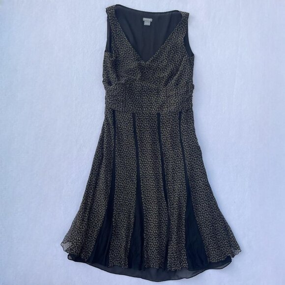 Vintage Ann Taylor Black and Gold A-Line Pleated Silk Midi Dress Size 10 - Picture 1 of 7